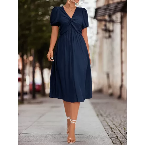 Elasticity Knot Pleated Solid Color Split-Joint A-line High Waisted V-neck Midi Dresses Elasticity Knot Pleated Solid Color Split-Joint A-line High Waisted V-neck Midi Dresses