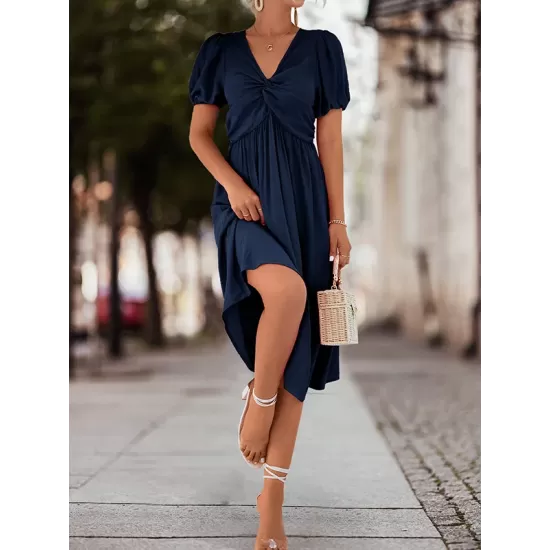Elasticity Knot Pleated Solid Color Split-Joint A-line High Waisted V-neck Midi Dresses Elasticity Knot Pleated Solid Color Split-Joint A-line High Waisted V-neck Midi Dresses