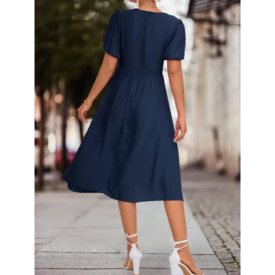 Elasticity Knot Pleated Solid Color Split-Joint A-line High Waisted V-neck Midi Dresses Elasticity Knot Pleated Solid Color Split-Joint A-line High Waisted V-neck Midi Dresses