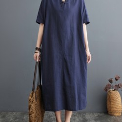 Chinese Frog Buttons Pockets Solid Color Split-Side A-Line Loose V-Neck Midi Dresses
