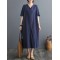 Chinese Frog Buttons Pockets Solid Color Split-Side A-Line Loose V-Neck Midi Dresses