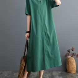 Chinese Frog Buttons Pockets Solid Color Split-Side A-Line Loose V-Neck Midi Dresses