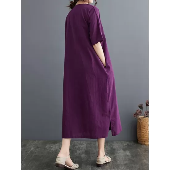 Chinese Frog Buttons Pockets Solid Color Split-Side A-Line Loose V-Neck Midi Dresses Chinese Frog Buttons Pockets Solid Color Split-Side A-Line Loose V-Neck Midi Dresses