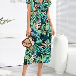 Hollow Lace-Up Printed Split-Joint Loose Short Sleeves V-Neck Midi Dresses