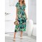 Hollow Lace-Up Printed Split-Joint Loose Short Sleeves V-Neck Midi Dresses