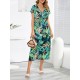 Hollow Lace-Up Printed Split-Joint Loose Short Sleeves V-Neck Midi Dresses Hollow Lace-Up Printed Split-Joint Loose Short Sleeves V-Neck Midi Dresses