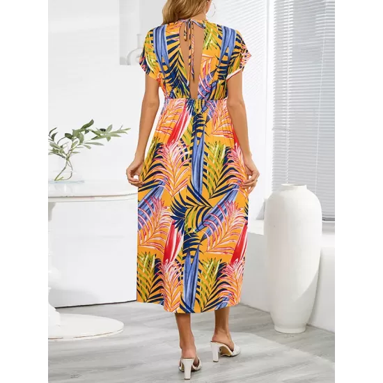 Hollow Lace-Up Printed Split-Joint Loose Short Sleeves V-Neck Midi Dresses Hollow Lace-Up Printed Split-Joint Loose Short Sleeves V-Neck Midi Dresses