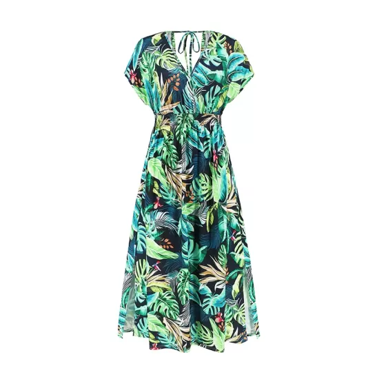 Hollow Lace-Up Printed Split-Joint Loose Short Sleeves V-Neck Midi Dresses Hollow Lace-Up Printed Split-Joint Loose Short Sleeves V-Neck Midi Dresses