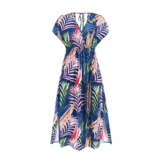 Hollow Lace-Up Printed Split-Joint Loose Short Sleeves V-Neck Midi Dresses Hollow Lace-Up Printed Split-Joint Loose Short Sleeves V-Neck Midi Dresses