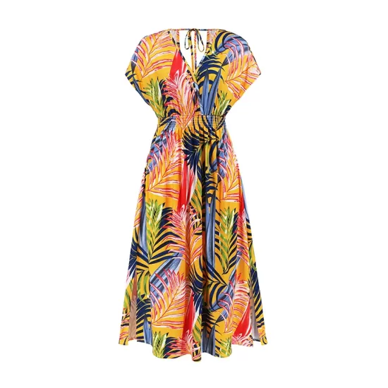 Hollow Lace-Up Printed Split-Joint Loose Short Sleeves V-Neck Midi Dresses Hollow Lace-Up Printed Split-Joint Loose Short Sleeves V-Neck Midi Dresses