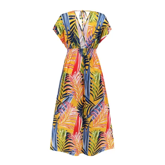 Hollow Lace-Up Printed Split-Joint Loose Short Sleeves V-Neck Midi Dresses Hollow Lace-Up Printed Split-Joint Loose Short Sleeves V-Neck Midi Dresses