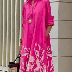 Long Sleeves Leaves Print Lapel Midi Dresses