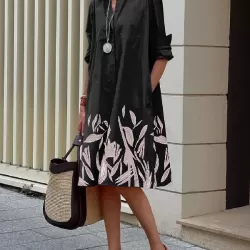 Long Sleeves Leaves Print Lapel Midi Dresses