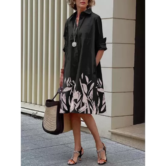 Long Sleeves Leaves Print Lapel Midi Dresses Long Sleeves Leaves Print Lapel Midi Dresses