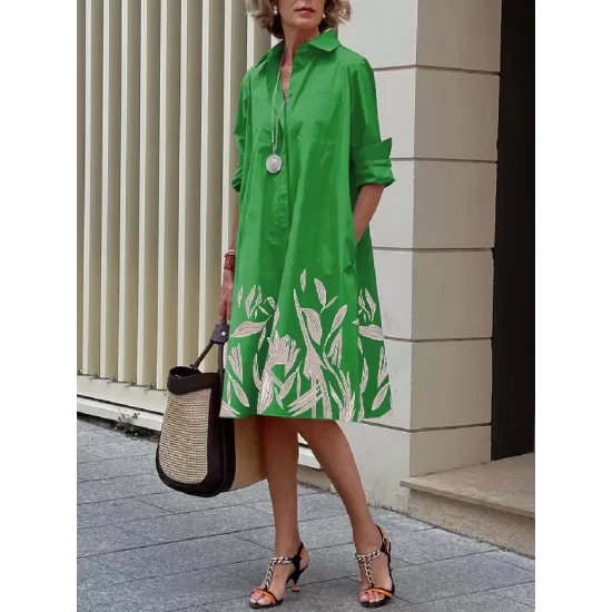 Long Sleeves Leaves Print Lapel Midi Dresses Long Sleeves Leaves Print Lapel Midi Dresses