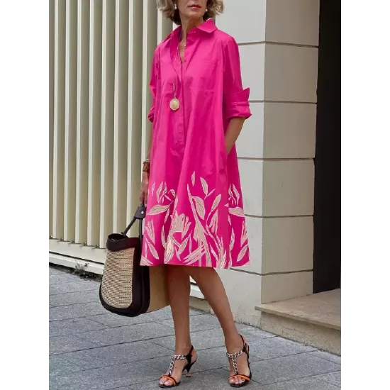 Long Sleeves Leaves Print Lapel Midi Dresses Long Sleeves Leaves Print Lapel Midi Dresses