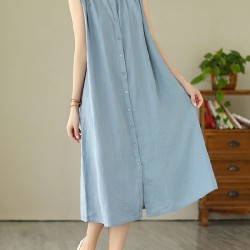 Buttoned Pleated Solid Color A-Line Sleeveless Round-Neck Midi Dresses