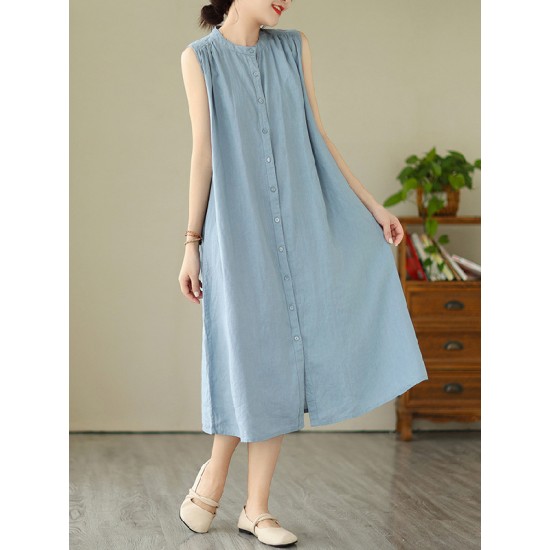 Buttoned Pleated Solid Color A-Line Sleeveless Round-Neck Midi Dresses Buttoned Pleated Solid Color A-Line Sleeveless Round-Neck Midi Dresses