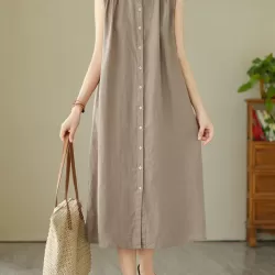 Buttoned Pleated Solid Color A-Line Sleeveless Round-Neck Midi Dresses