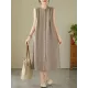Buttoned Pleated Solid Color A-Line Sleeveless Round-Neck Midi Dresses Buttoned Pleated Solid Color A-Line Sleeveless Round-Neck Midi Dresses
