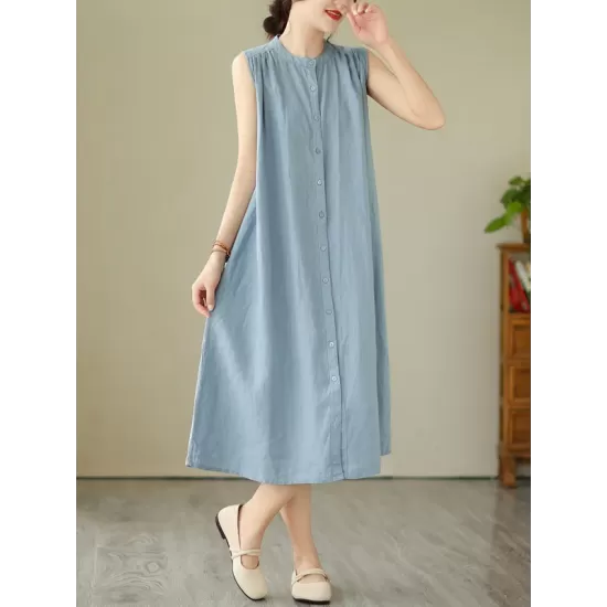 Buttoned Pleated Solid Color A-Line Sleeveless Round-Neck Midi Dresses Buttoned Pleated Solid Color A-Line Sleeveless Round-Neck Midi Dresses