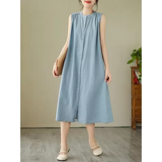 Buttoned Pleated Solid Color A-Line Sleeveless Round-Neck Midi Dresses Buttoned Pleated Solid Color A-Line Sleeveless Round-Neck Midi Dresses
