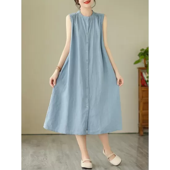 Buttoned Pleated Solid Color A-Line Sleeveless Round-Neck Midi Dresses Buttoned Pleated Solid Color A-Line Sleeveless Round-Neck Midi Dresses