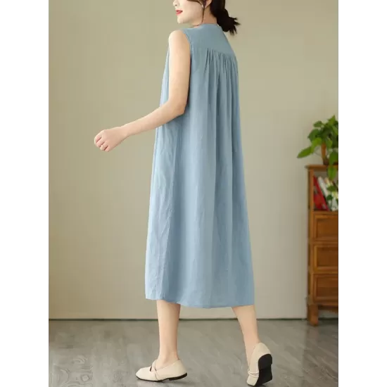 Buttoned Pleated Solid Color A-Line Sleeveless Round-Neck Midi Dresses Buttoned Pleated Solid Color A-Line Sleeveless Round-Neck Midi Dresses