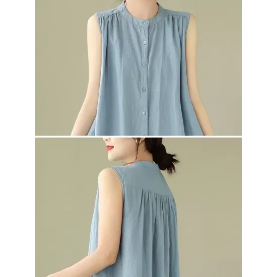Buttoned Pleated Solid Color A-Line Sleeveless Round-Neck Midi Dresses Buttoned Pleated Solid Color A-Line Sleeveless Round-Neck Midi Dresses