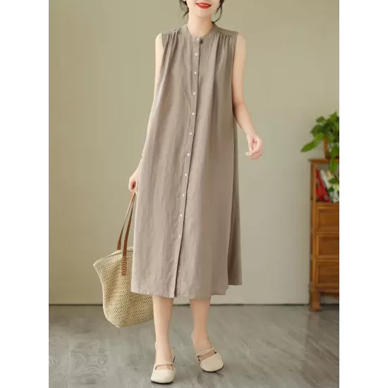Buttoned Pleated Solid Color A-Line Sleeveless Round-Neck Midi Dresses Buttoned Pleated Solid Color A-Line Sleeveless Round-Neck Midi Dresses