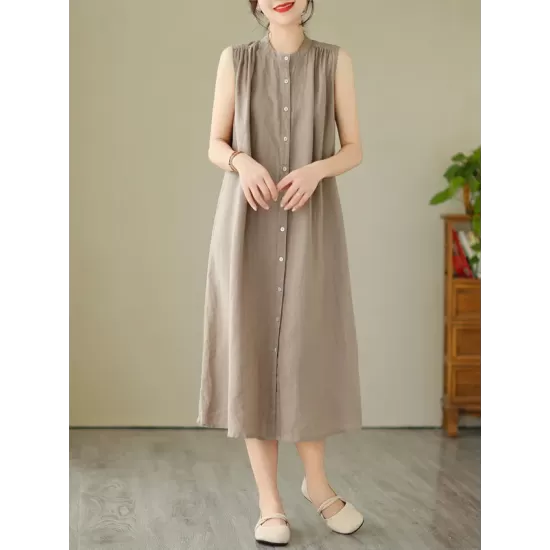 Buttoned Pleated Solid Color A-Line Sleeveless Round-Neck Midi Dresses Buttoned Pleated Solid Color A-Line Sleeveless Round-Neck Midi Dresses