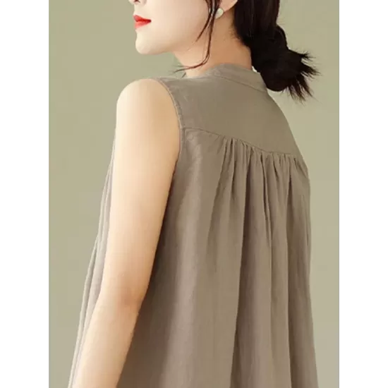 Buttoned Pleated Solid Color A-Line Sleeveless Round-Neck Midi Dresses Buttoned Pleated Solid Color A-Line Sleeveless Round-Neck Midi Dresses