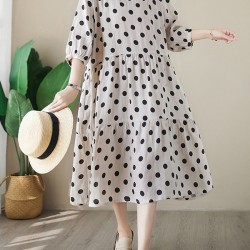 Polka Dot Split-Joint Half Sleeves Loose Midi Dresses