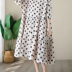 Polka Dot Split-Joint Half Sleeves Loose Midi Dresses