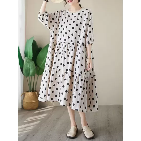 Polka Dot Split-Joint Half Sleeves Loose Midi Dresses Polka Dot Split-Joint Half Sleeves Loose Midi Dresses