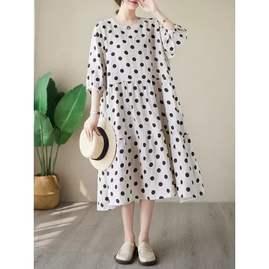 Polka Dot Split-Joint Half Sleeves Loose Midi Dresses Polka Dot Split-Joint Half Sleeves Loose Midi Dresses
