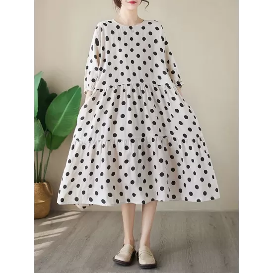 Polka Dot Split-Joint Half Sleeves Loose Midi Dresses Polka Dot Split-Joint Half Sleeves Loose Midi Dresses
