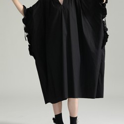 Adjustable Drawstring Pleated Solid Color Loose Raglan Sleeve V-Neck Shirt Dress Midi Dresses