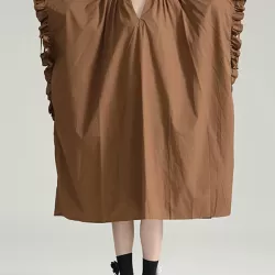 Adjustable Drawstring Pleated Solid Color Loose Raglan Sleeve V-Neck Shirt Dress Midi Dresses
