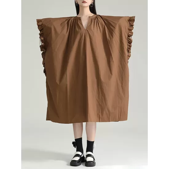 Adjustable Drawstring Pleated Solid Color Loose Raglan Sleeve V-Neck Shirt Dress Midi Dresses Adjustable Drawstring Pleated Solid Color Loose Raglan Sleeve V-Neck Shirt Dress Midi Dresses