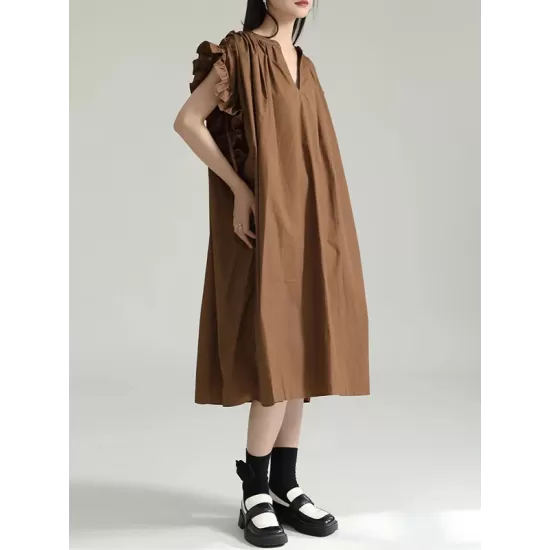 Adjustable Drawstring Pleated Solid Color Loose Raglan Sleeve V-Neck Shirt Dress Midi Dresses Adjustable Drawstring Pleated Solid Color Loose Raglan Sleeve V-Neck Shirt Dress Midi Dresses