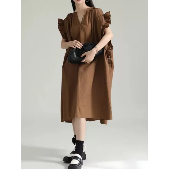 Adjustable Drawstring Pleated Solid Color Loose Raglan Sleeve V-Neck Shirt Dress Midi Dresses Adjustable Drawstring Pleated Solid Color Loose Raglan Sleeve V-Neck Shirt Dress Midi Dresses