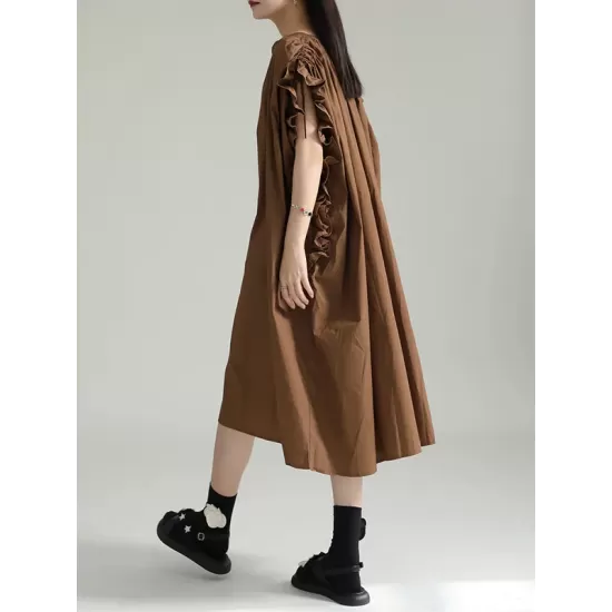 Adjustable Drawstring Pleated Solid Color Loose Raglan Sleeve V-Neck Shirt Dress Midi Dresses Adjustable Drawstring Pleated Solid Color Loose Raglan Sleeve V-Neck Shirt Dress Midi Dresses
