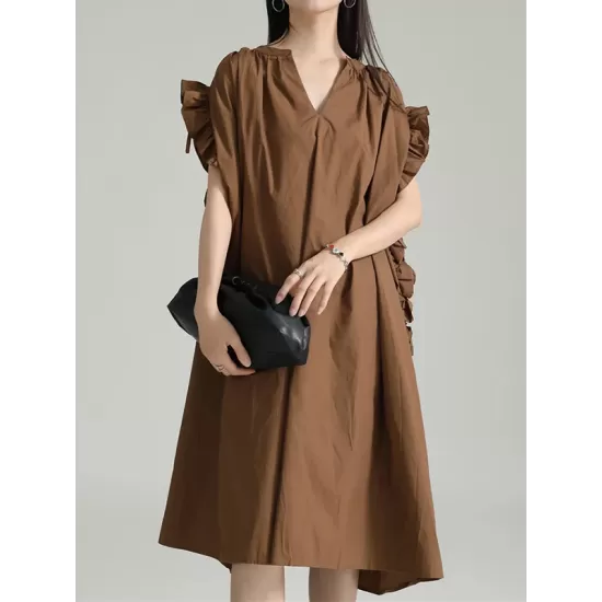 Adjustable Drawstring Pleated Solid Color Loose Raglan Sleeve V-Neck Shirt Dress Midi Dresses Adjustable Drawstring Pleated Solid Color Loose Raglan Sleeve V-Neck Shirt Dress Midi Dresses