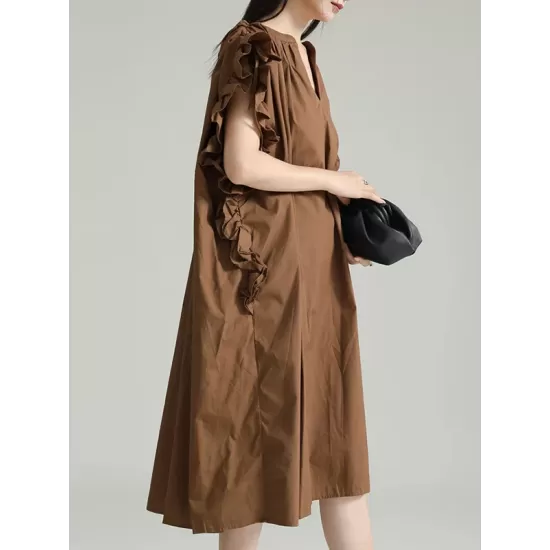 Adjustable Drawstring Pleated Solid Color Loose Raglan Sleeve V-Neck Shirt Dress Midi Dresses Adjustable Drawstring Pleated Solid Color Loose Raglan Sleeve V-Neck Shirt Dress Midi Dresses