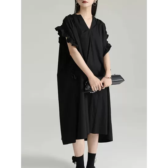 Adjustable Drawstring Pleated Solid Color Loose Raglan Sleeve V-Neck Shirt Dress Midi Dresses Adjustable Drawstring Pleated Solid Color Loose Raglan Sleeve V-Neck Shirt Dress Midi Dresses