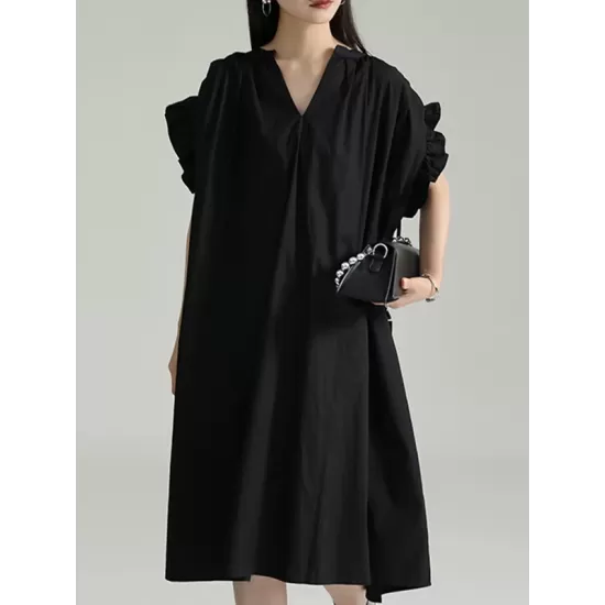 Adjustable Drawstring Pleated Solid Color Loose Raglan Sleeve V-Neck Shirt Dress Midi Dresses Adjustable Drawstring Pleated Solid Color Loose Raglan Sleeve V-Neck Shirt Dress Midi Dresses