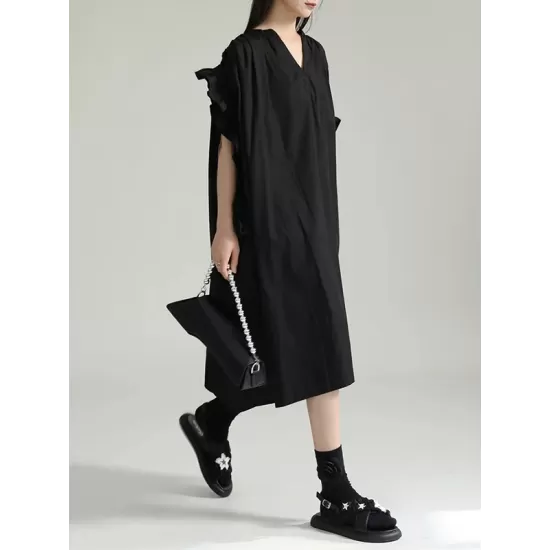 Adjustable Drawstring Pleated Solid Color Loose Raglan Sleeve V-Neck Shirt Dress Midi Dresses Adjustable Drawstring Pleated Solid Color Loose Raglan Sleeve V-Neck Shirt Dress Midi Dresses