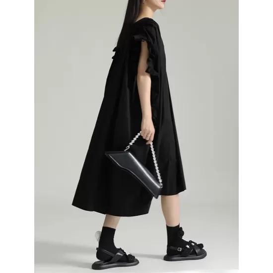 Adjustable Drawstring Pleated Solid Color Loose Raglan Sleeve V-Neck Shirt Dress Midi Dresses Adjustable Drawstring Pleated Solid Color Loose Raglan Sleeve V-Neck Shirt Dress Midi Dresses