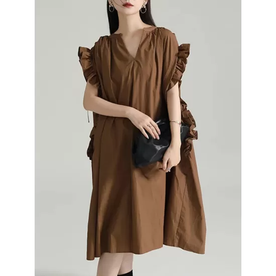 Adjustable Drawstring Pleated Solid Color Loose Raglan Sleeve V-Neck Shirt Dress Midi Dresses Adjustable Drawstring Pleated Solid Color Loose Raglan Sleeve V-Neck Shirt Dress Midi Dresses